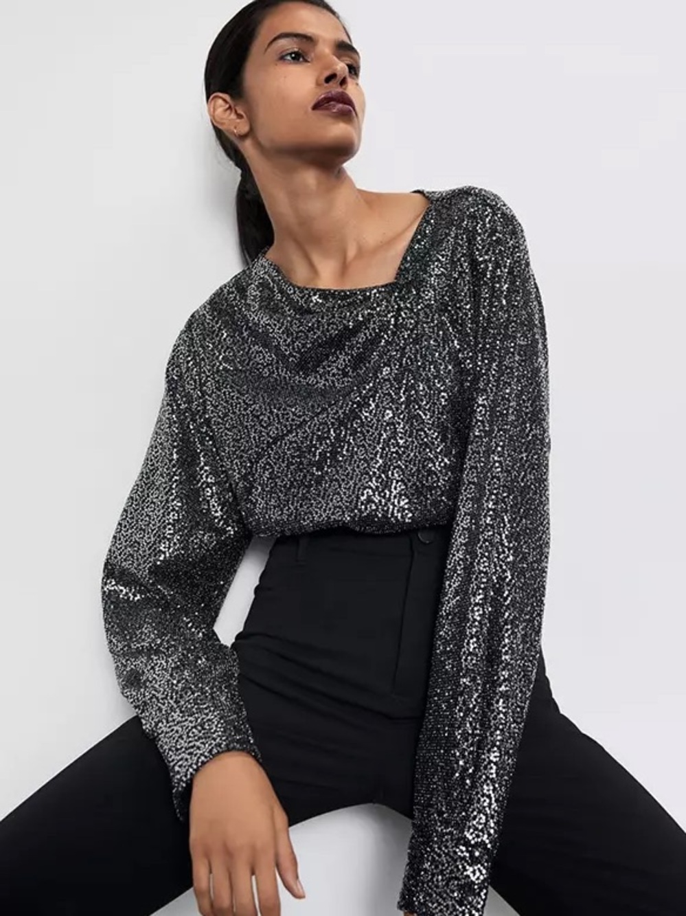 ZARA Black & Silver Metallic Sequin Long Sleeve Top